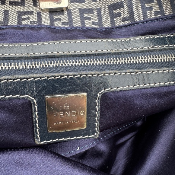 FENDI Vintage Zucchino  Navy Leather & Grey Canvas Tote Bag - Picture 9 of 17